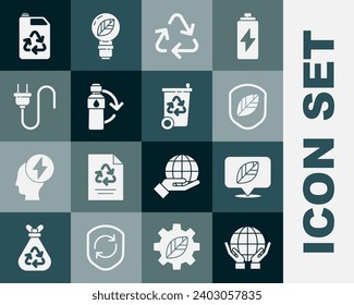 Ponga las manos en el globo terrestre, ubicación con hoja, escudo, símbolo de reciclaje, botella de plástico de reciclaje, enchufe eléctrico, cartucho de combustible ecológico e icono de reciclado de papelera. Vector