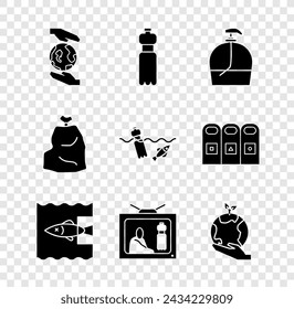 Set Hands holding Earth globe, Bottle of water, liquid soap, Stop ocean plastic pollution, Garbage bag and Problem the icon. Vector