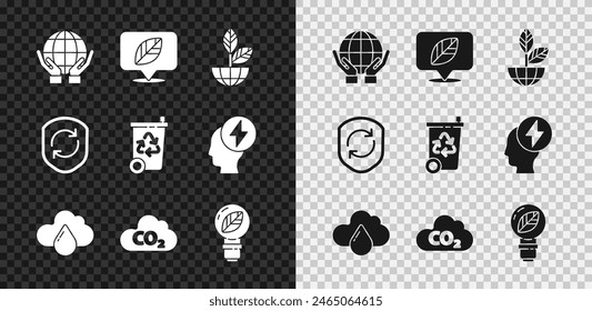 Set Hands holding Earth globe, Location with leaf, plant, Cloud rain, CO2 emissions cloud, Light bulb, Recycle symbol inside shield and bin recycle icon. Vector