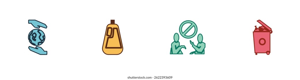 Set Hands holding Earth globe, Bottle for dishwashing liquid, Stop plastic pollution and Trash can icon. Vector