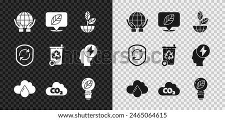 Set Hands holding Earth globe, Location with leaf, plant, Cloud rain, CO2 emissions cloud, Light bulb, Recycle symbol inside shield and bin recycle icon. Vector
