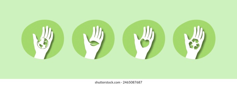 Set of Hands holding with ecology concept. Sustainable, Ecology and Environment concept. Paper cut style. Paper carving. Vector Illustration.