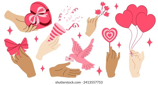 Set of hands holding elements for holiday. Love concept. Gift, gift for Valentine's Day, birthday or Christmas. View from above. Trendy flat vector illustration on white background.