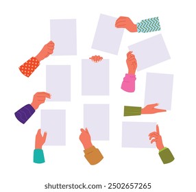 Set of hands holding empty blank papers, Concept of notice, contract notify, announce, postcard, gesture, without list, placard, Save signs, place advertising backgrounds, transporter, jury score.