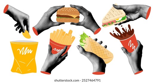 Set of hands holding fast food. Modern collage with halftone hands and hamburger, shawarma, chips, coffee, sandwich, french fries. Street food