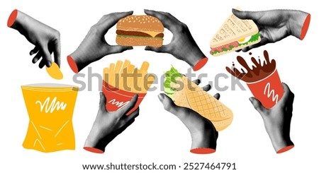 Set of hands holding fast food. Modern collage with halftone hands and hamburger, shawarma, chips, coffee, sandwich, french fries. Street food