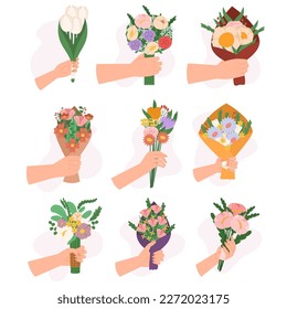 Set of Hands Holding Flower Bouquets Isolated On White Background. Gift Delivery For Holiday, Man Giving Blossoms to Woman, Love, Romance Present Concept. Cartoon Vector Illustration, Icons