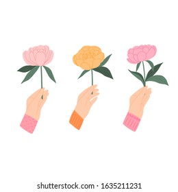 Set of hands holding flowers. Spring summer flowers illustrations for card, print, decor. Elegant feminine flowers.