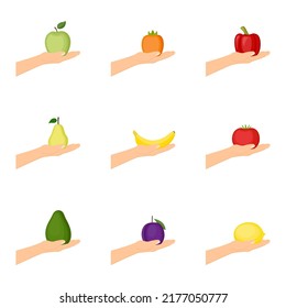 Händchen, die Obst und Gemüse halten. Konzept gesunder Lebensmittel, Vektorgrafik