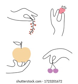 Set of hands holding fruits and berries, vector linear silhouette isolated on a white background.