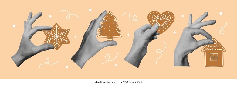 Conjunto de manos sosteniendo galletas de jengibre. Elementos de arte pop de moda para el diseño de vacaciones de invierno. Ilustración vectorial