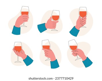 Juego de manos sosteniendo un vaso de vino tinto. Ilustración vectorial en estilo plano