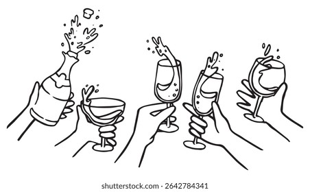 set, mãos segurando taças e garrafa com champanhe. festa, ano novo, casamento. vetor doodle ilustração	