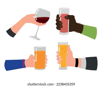 Conjunto de manos con gafas y bebidas en un estilo plano. Ilustración vectorial de manos de personas de piel clara con un vaso de vino, vasos de jugo y cerveza aislados en un fondo blanco.