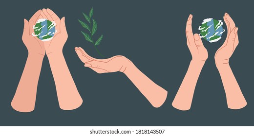 Set of hands holding Globe earth on blue background. Set with hands for Earth day. Vector ecology concept for social poster, banner or card on the theme of saving the planet in flat style.