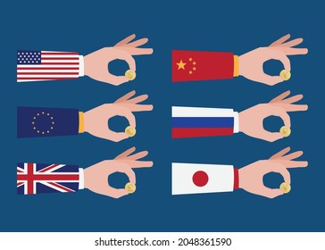 Set of hands holding golden coin in different currency, money exchange concept, vector illustration