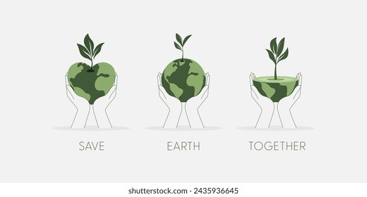 Set of Hands holding a green globe, earth. Earth Day concept. Sustainable ecology and environment conservation concept design. Vector illustration.