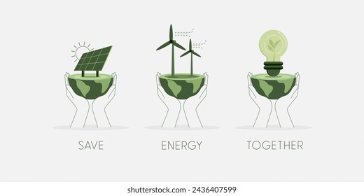 Set of Hands holding a green globe, earth. Green Renewable Energy Concept concept. Sustainable ecology and environment conservation concept design. Vector illustration.