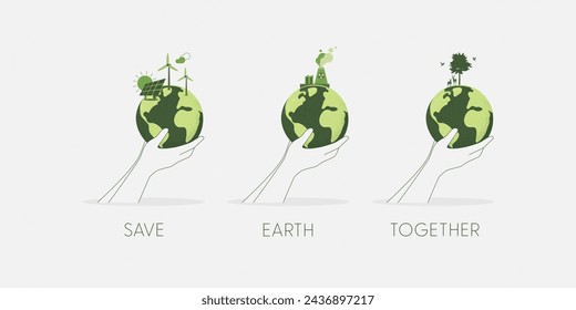 Juego de manos sosteniendo un globo verde, tierra. Día de la Tierra, concepto del Día Mundial del Medio Ambiente Diseño de conceptos de ecología sostenible y conservación del medio ambiente. Ilustración vectorial.