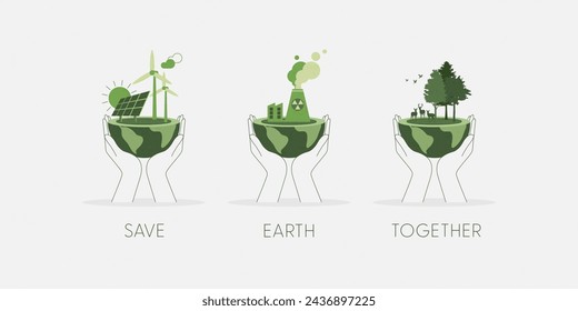 Set of Hands holding a green globe, earth. Earth Day, World Environment Day concept. Sustainable ecology and environment conservation concept design. Vector illustration.