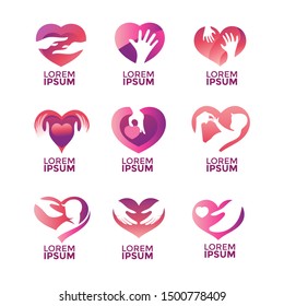 Set of Hands holding heart flat vector illustration. Love and kindness symbol