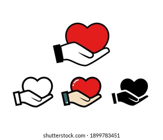 Set of hands holding heart or love. Support, charity and volunteering icon. Illustration vector