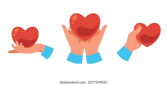 Set hands holding heart. Love emotion, romantic relationship symbol. Charity donation. Front and side view, volunteer, care and support. Cartoon flat style isolated amour vector set