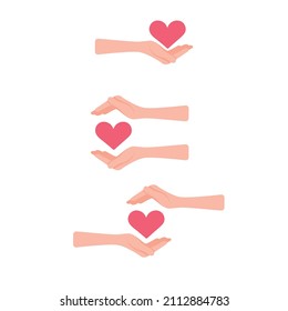 Set of hands holding a heart. Vector illustration, flat cartoon color design, isolated on white background, eps 10.