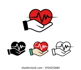 Set of hands holding heartbeat pulse. Cardio heart. Illustration vector