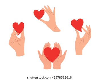 Set of Hands holding heart.Happy Valentine's Day greeting card.  Vector illustration.