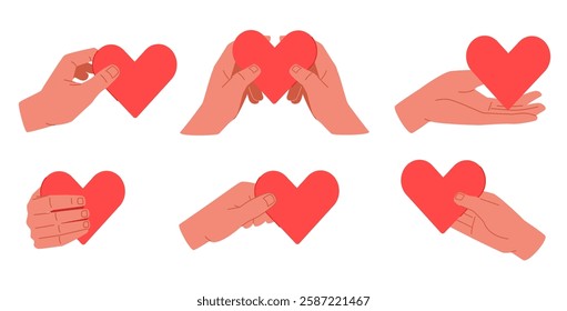 Set hands holding hearts. Hand in different position. Love and romantic relationships symbol. Charity donation and support icon. Sticker collection. Vector cartoon flat isolated illustration set