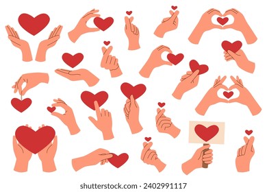 Set of hands holding hearts isolated on white background. Love and care concept. Valentines day.	