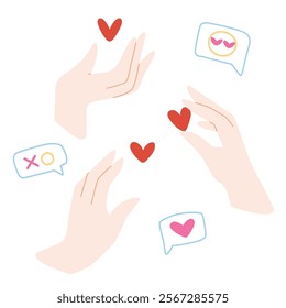 Set of hands holding hearts and love digital messages