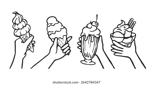 set, mãos segurando sorvete e milkshake. férias de verão, ilustração doodle vetor