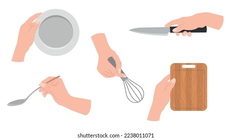 Conjunto de manos con electrodomésticos de cocina al estilo de las caricaturas. Ilustración vectorial de una mano sosteniendo un plato, una cuchara, un bigote, un cuchillo y una tabla de corte sobre un fondo blanco.