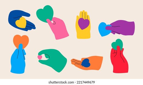 Set of hands holding love symbols. Charity and donation concept. Colorful vector illustration
