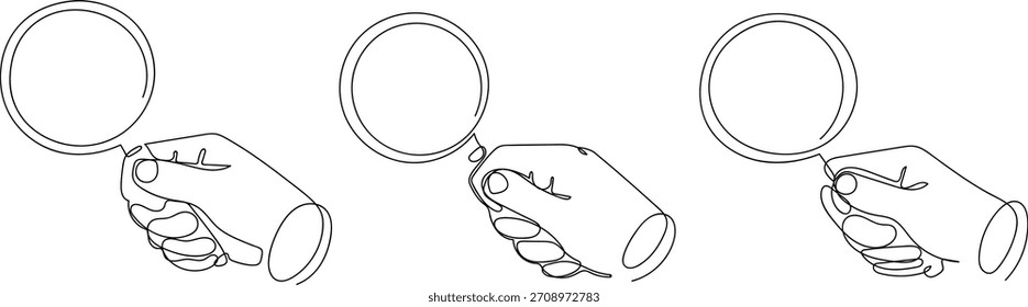 Conjunto de manos que sostienen la lupa en una línea continua. Ilustración vectorial, One line art, Line art estilo gráfico.