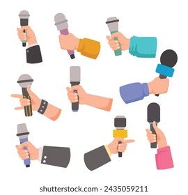 Set of Hands holding microphone set collection, Mass media reporters with mic recorder taking interview on live tv, press conference journalism illustration, Newsmen holding mic for broadcast. 