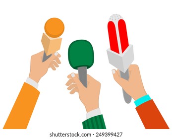Set of Hands holding a microphone, press conference, vector illustration of a flat icon.