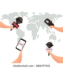 A set of hands holding microphone, voice recorder, and a smartphone. Journalism concept. World map on the background.