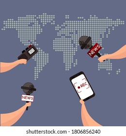 A set of hands holding microphone, voice recorder, and a smartphone. Journalism concept. World map on the blue background.