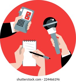 Set of hands holding microphone, voice recorder and spiral notebook. Journalism concept. Vector illustration