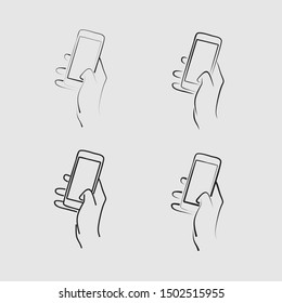 Set of hands holding a mobile device in a linear style. Sketch collection hand holding mobile phone isolated. Vector illustration