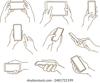 set of hands holding mobile on white backgroun