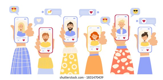 Set of hands holding mobile phone with dating app, male and female profiles. People looking for love and couple.  Communication and social media concept. Vector illustration in flat style