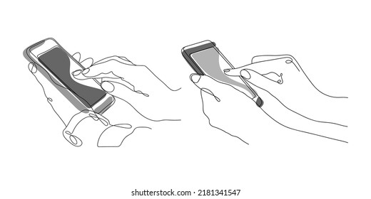 Set of Hands are holding a Mobile phone. One Line style illustration. Isolated elements on a white background. Quality assessment, information search, leaving Reviews and Feedback.