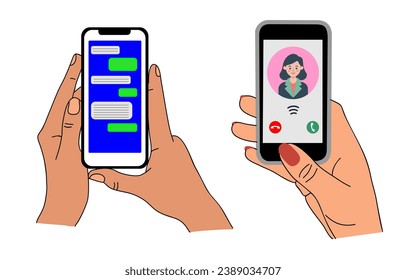 Juego de manos con teléfono móvil con mensajero, videollamada en pantalla . Tocando los dedos, desplazando, usando aplicaciones. Ilustraciones vectoriales planas aisladas en fondo blanco.