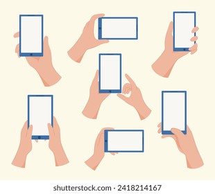 Set of Hands Holding Mobile Phone with Blank Screen for Copy Space for Hand Drawn Flat Design Element Clip Art