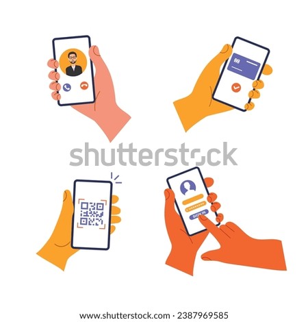 Set of hands are holding mobile phone with different apps. Contactless payment, video call, qr code scanning, signing up user data. Vector illustration in a trendy flat style isolated on white.