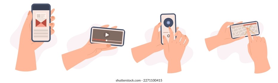 Conjunto de manos con teléfonos móviles aislados en fondo blanco. Palmas humanas con botón de inserción de Smartphone para la comunicación de llamadas, ver video o usar navegación por teléfono móvil. Ilustración del vector de dibujos animados